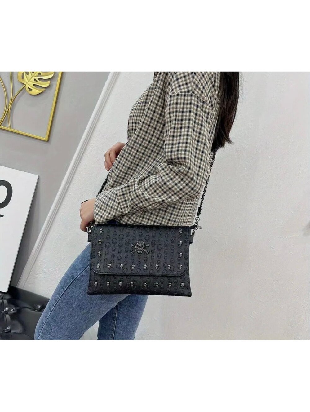 New - Unique - Faux Leather Shoulder Bag with Rivets & Edgy Skull Design - Black
